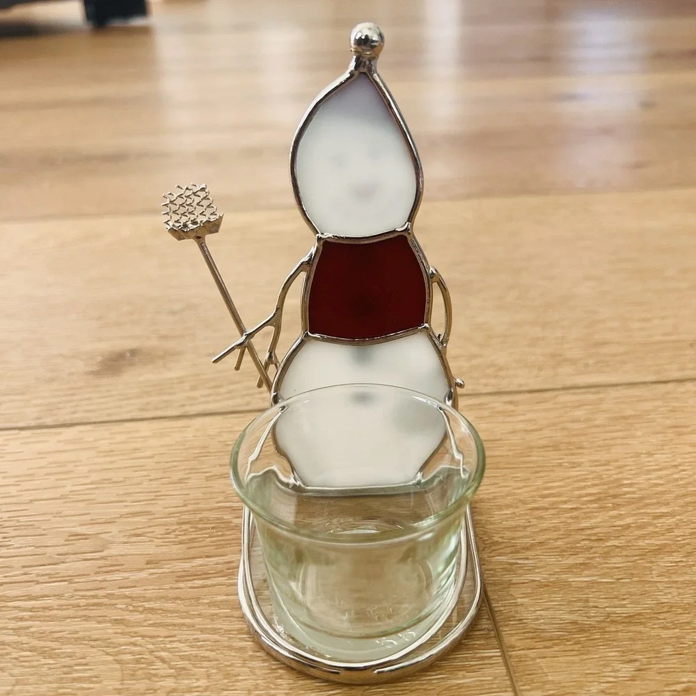 Vintage Snowman Leaded Stained‎ Glass Table Top Votive Candle Holder